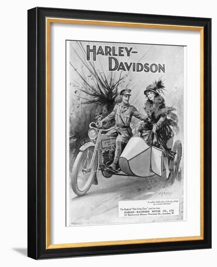 An Advertisement for Harley- Davidson Showing a Soldier Taking His Lady Friend for a Ride-null-Framed Premium Giclee Print