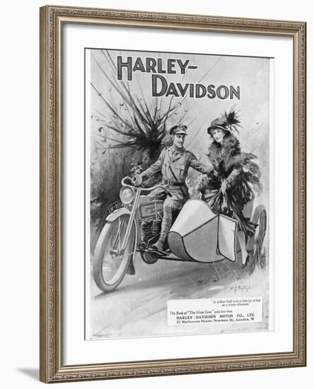 An Advertisement for Harley- Davidson Showing a Soldier Taking His Lady Friend for a Ride-null-Framed Giclee Print