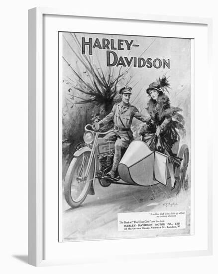 An Advertisement for Harley- Davidson Showing a Soldier Taking His Lady Friend for a Ride-null-Framed Giclee Print