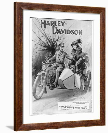 An Advertisement for Harley- Davidson Showing a Soldier Taking His Lady Friend for a Ride-null-Framed Giclee Print