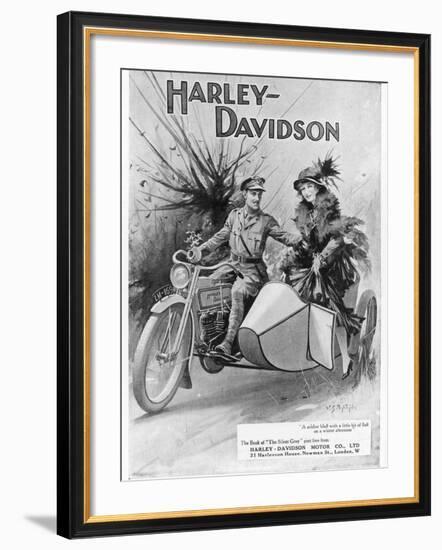 An Advertisement for Harley- Davidson Showing a Soldier Taking His Lady Friend for a Ride--Framed Giclee Print