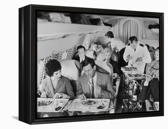 An Airline Steward and Air Hostess Serve a Roast Meal to Flight Passengers-null-Framed Premier Image Canvas