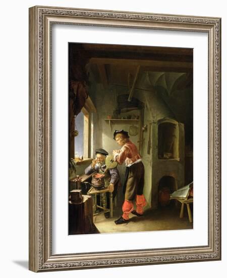 An Alchemist and His Assistant in their Workshop (Oil on Panel)-Frans Van Mieris-Framed Giclee Print