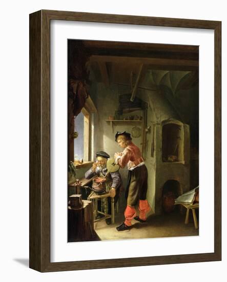 An Alchemist and His Assistant in their Workshop (Oil on Panel)-Frans Van Mieris-Framed Giclee Print