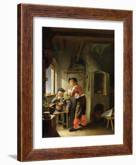 An Alchemist and His Assistant in their Workshop (Oil on Panel)-Frans Van Mieris-Framed Giclee Print