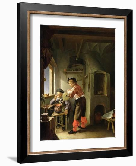 An Alchemist and His Assistant in their Workshop (Oil on Panel)-Frans Van Mieris-Framed Giclee Print