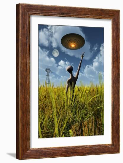 An Alien Being Directing a Ufo in Making Crop Circles-null-Framed Art Print