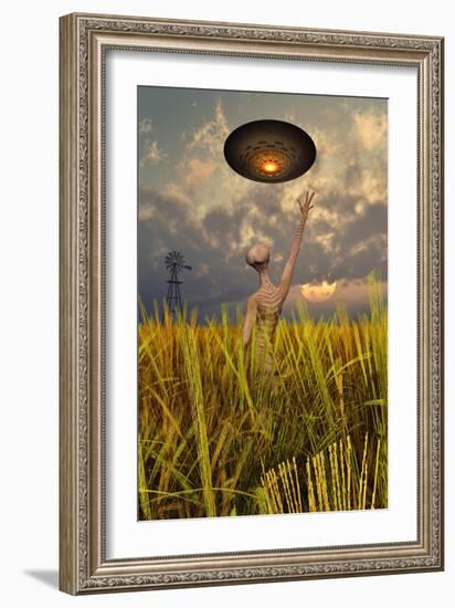 An Alien Being Directing a Ufo in Making Crop Circles-null-Framed Art Print