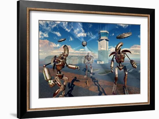 An Alien Being with Giant Robots at the Area 51 Top Secret Base in Roswell-null-Framed Art Print