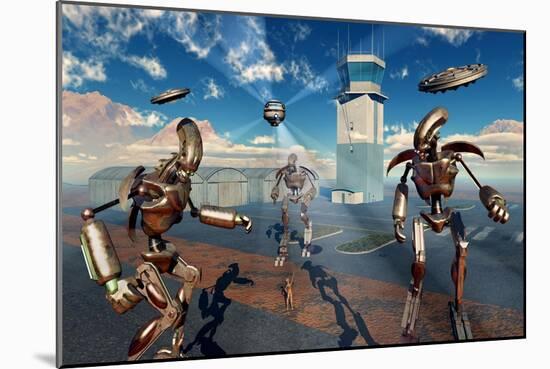 An Alien Being with Giant Robots at the Area 51 Top Secret Base in Roswell-null-Mounted Art Print