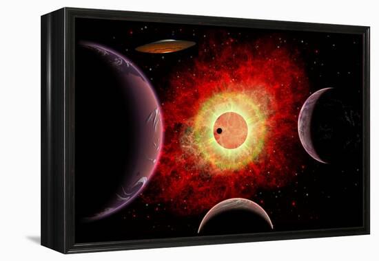 An Alien Flying Saucer Travels Amongst Alien Worlds-null-Framed Stretched Canvas