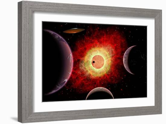 An Alien Flying Saucer Travels Amongst Alien Worlds-null-Framed Art Print