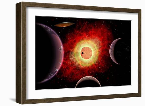 An Alien Flying Saucer Travels Amongst Alien Worlds-null-Framed Art Print