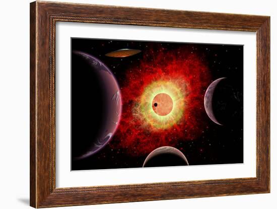 An Alien Flying Saucer Travels Amongst Alien Worlds-null-Framed Art Print