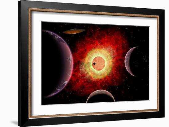 An Alien Flying Saucer Travels Amongst Alien Worlds-null-Framed Art Print