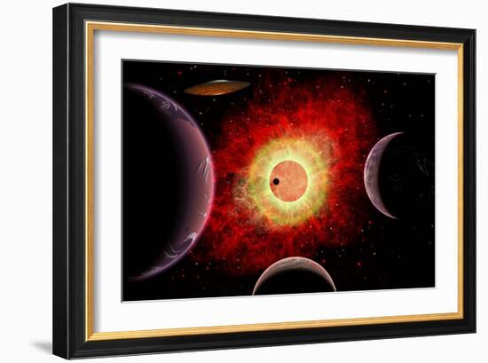 An Alien Flying Saucer Travels Amongst Alien Worlds-null-Framed Art Print