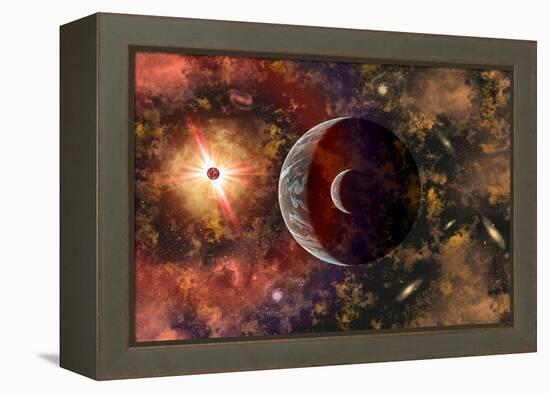 An Alien Planet and its Moon in Orbit around a Red Giant Star-null-Framed Stretched Canvas