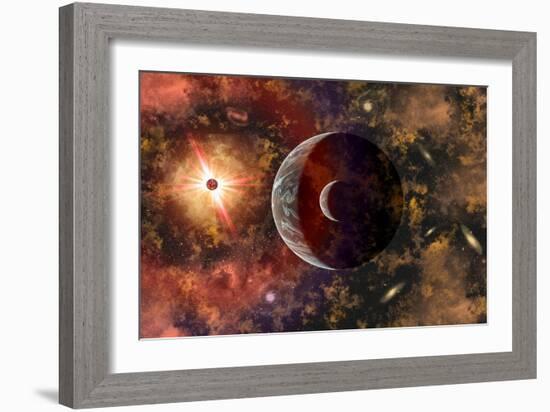 An Alien Planet and its Moon in Orbit around a Red Giant Star-null-Framed Art Print