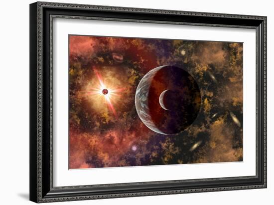 An Alien Planet and its Moon in Orbit around a Red Giant Star-null-Framed Art Print