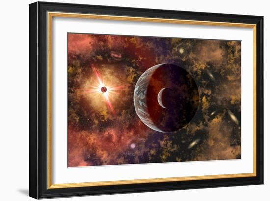 An Alien Planet and its Moon in Orbit around a Red Giant Star-null-Framed Art Print