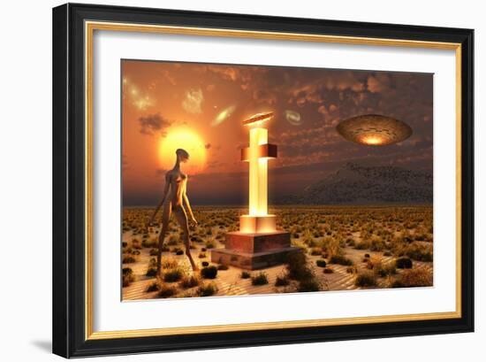 An Alien Returning to the Famous Crash Site in Roswell, New Mexico-null-Framed Art Print