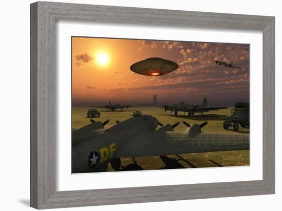 An Alien Ufo Flying Low over an American Airbase-null-Framed Art Print