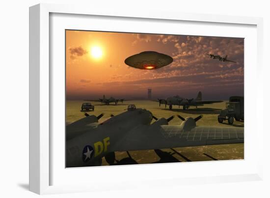 An Alien Ufo Flying Low over an American Airbase-null-Framed Art Print