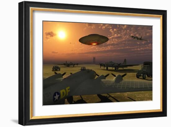 An Alien Ufo Flying Low over an American Airbase-null-Framed Art Print