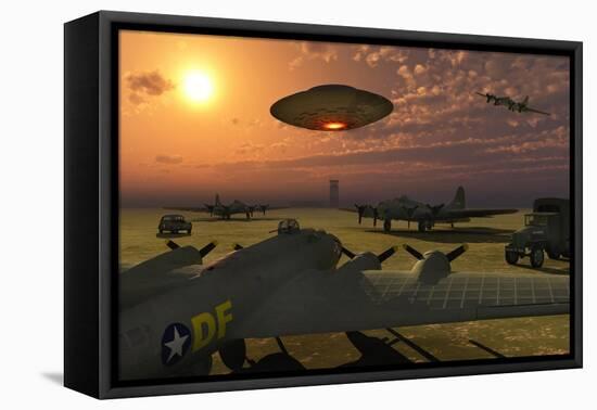 An Alien Ufo Flying Low over an American Airbase-null-Framed Stretched Canvas