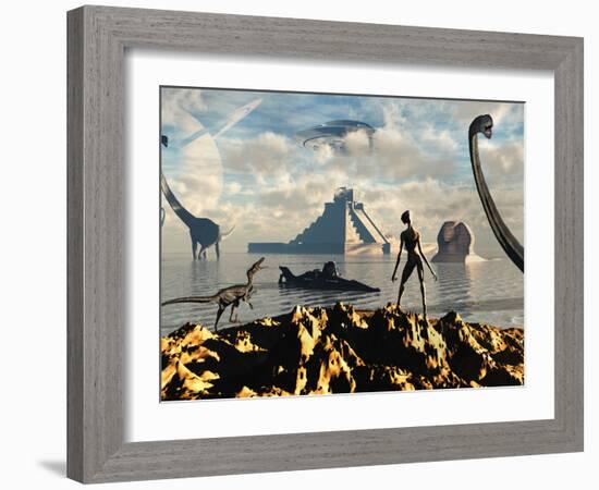An Alien World Where Reptoid Beings Co-Exist with Dinosaurs-Stocktrek Images-Framed Photographic Print