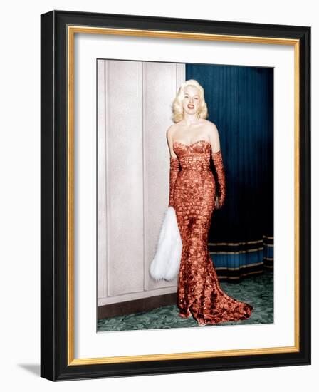 An Alligator Named Daisy, Diana Dors, Attending Movie Premiere at the Odeon, Marble Arch, 1955-null-Framed Photo