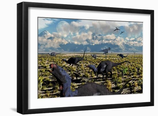An Allosaurus Attacking a Herd of Camptosaurus Dinosaurs-null-Framed Premium Giclee Print