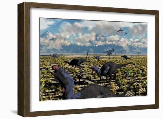 An Allosaurus Attacking a Herd of Camptosaurus Dinosaurs-null-Framed Art Print