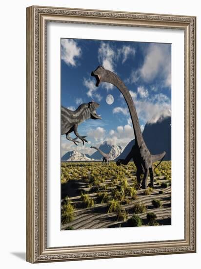An Allosaurus Dinosaur Confronts a Pair of Diplodocus Dinosaurs-null-Framed Art Print