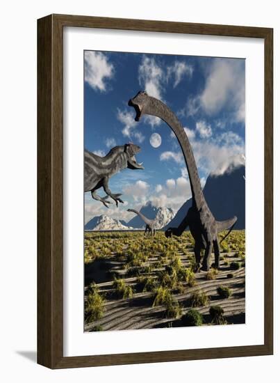 An Allosaurus Dinosaur Confronts a Pair of Diplodocus Dinosaurs-null-Framed Art Print