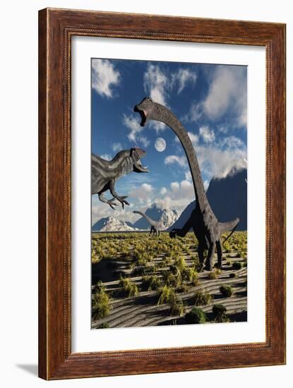 An Allosaurus Dinosaur Confronts a Pair of Diplodocus Dinosaurs-null-Framed Art Print