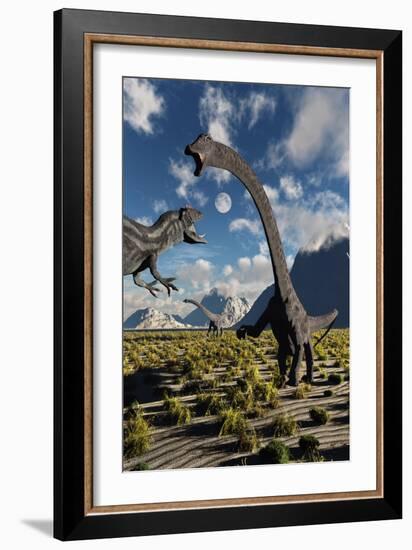 An Allosaurus Dinosaur Confronts a Pair of Diplodocus Dinosaurs-null-Framed Art Print