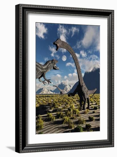 An Allosaurus Dinosaur Confronts a Pair of Diplodocus Dinosaurs-null-Framed Art Print