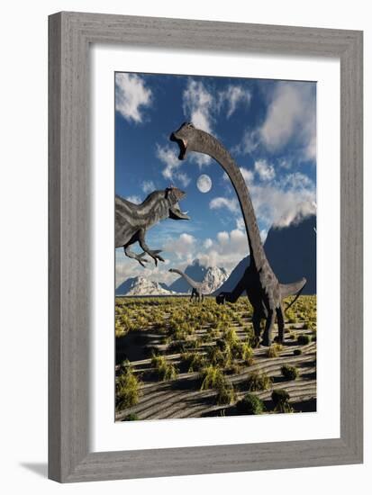 An Allosaurus Dinosaur Confronts a Pair of Diplodocus Dinosaurs-null-Framed Premium Giclee Print