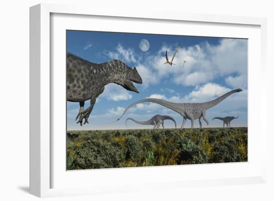 An Allosaurus Dinosaur Stalking a Herd of Diplodocus Dinosaurs-null-Framed Art Print