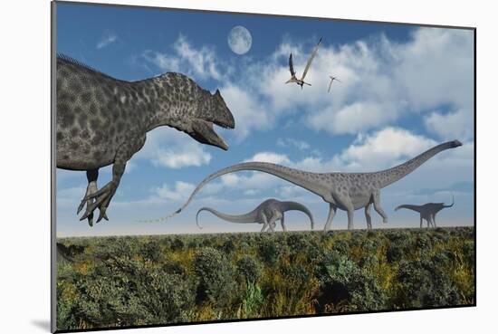 An Allosaurus Dinosaur Stalking a Herd of Diplodocus Dinosaurs-null-Mounted Art Print