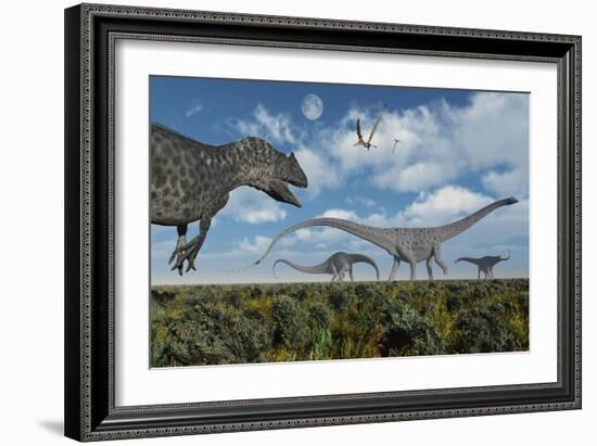 An Allosaurus Dinosaur Stalking a Herd of Diplodocus Dinosaurs-null-Framed Art Print