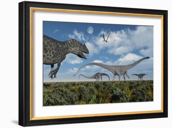 An Allosaurus Dinosaur Stalking a Herd of Diplodocus Dinosaurs-null-Framed Art Print