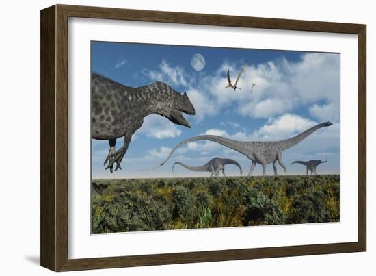 An Allosaurus Dinosaur Stalking a Herd of Diplodocus Dinosaurs-null-Framed Premium Giclee Print