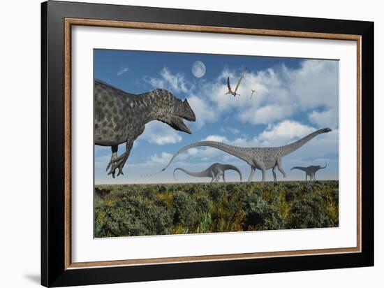 An Allosaurus Dinosaur Stalking a Herd of Diplodocus Dinosaurs-null-Framed Premium Giclee Print