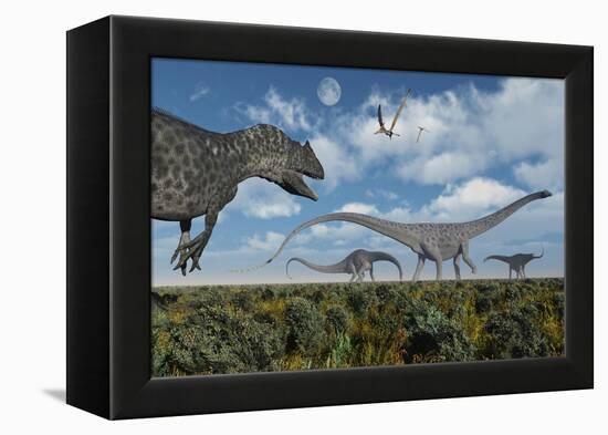 An Allosaurus Dinosaur Stalking a Herd of Diplodocus Dinosaurs-null-Framed Stretched Canvas