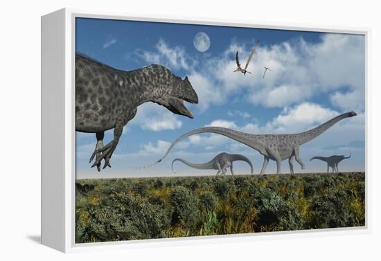 An Allosaurus Dinosaur Stalking a Herd of Diplodocus Dinosaurs-null-Framed Stretched Canvas