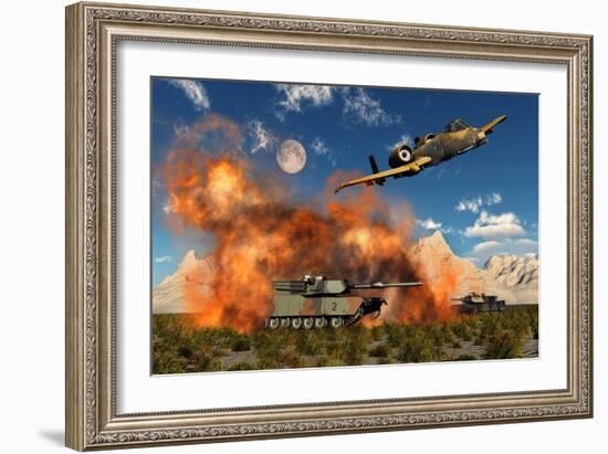 An American A-10 Thunderbolt Using Abandoned Tanks as Target Practice-null-Framed Art Print