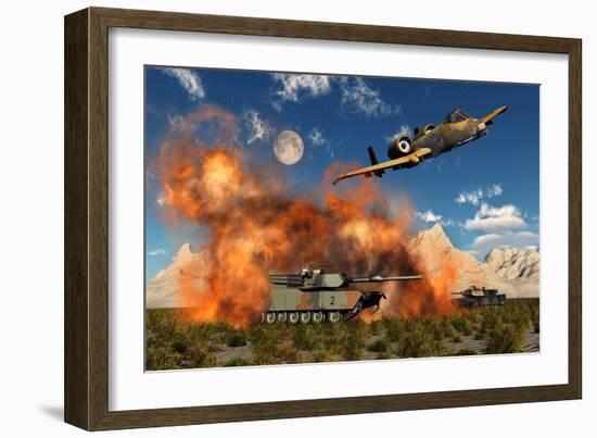 An American A-10 Thunderbolt Using Abandoned Tanks as Target Practice-null-Framed Art Print