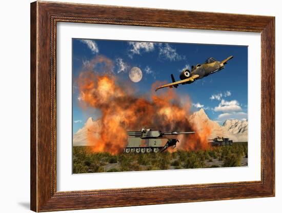 An American A-10 Thunderbolt Using Abandoned Tanks as Target Practice-null-Framed Art Print